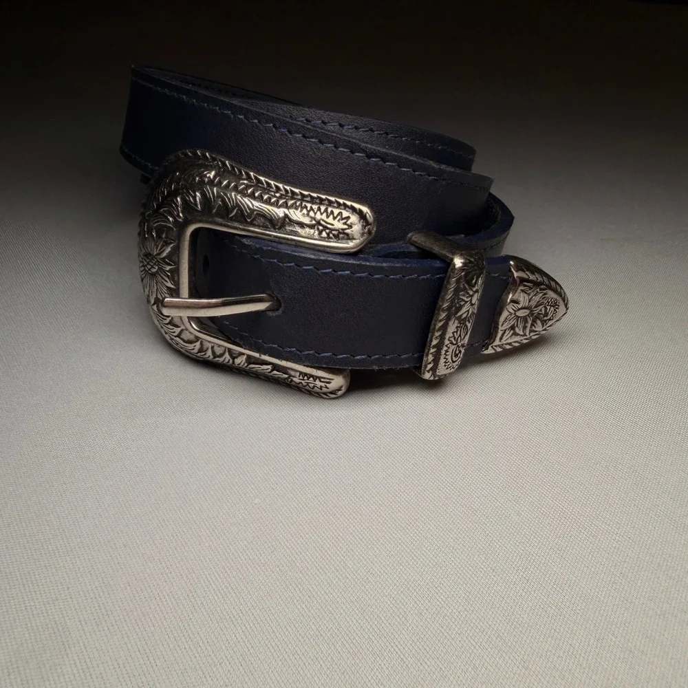 VTG Paulith Western Belt L Navy Bonded Leather Silver Engraved‎ Buckle Set USA